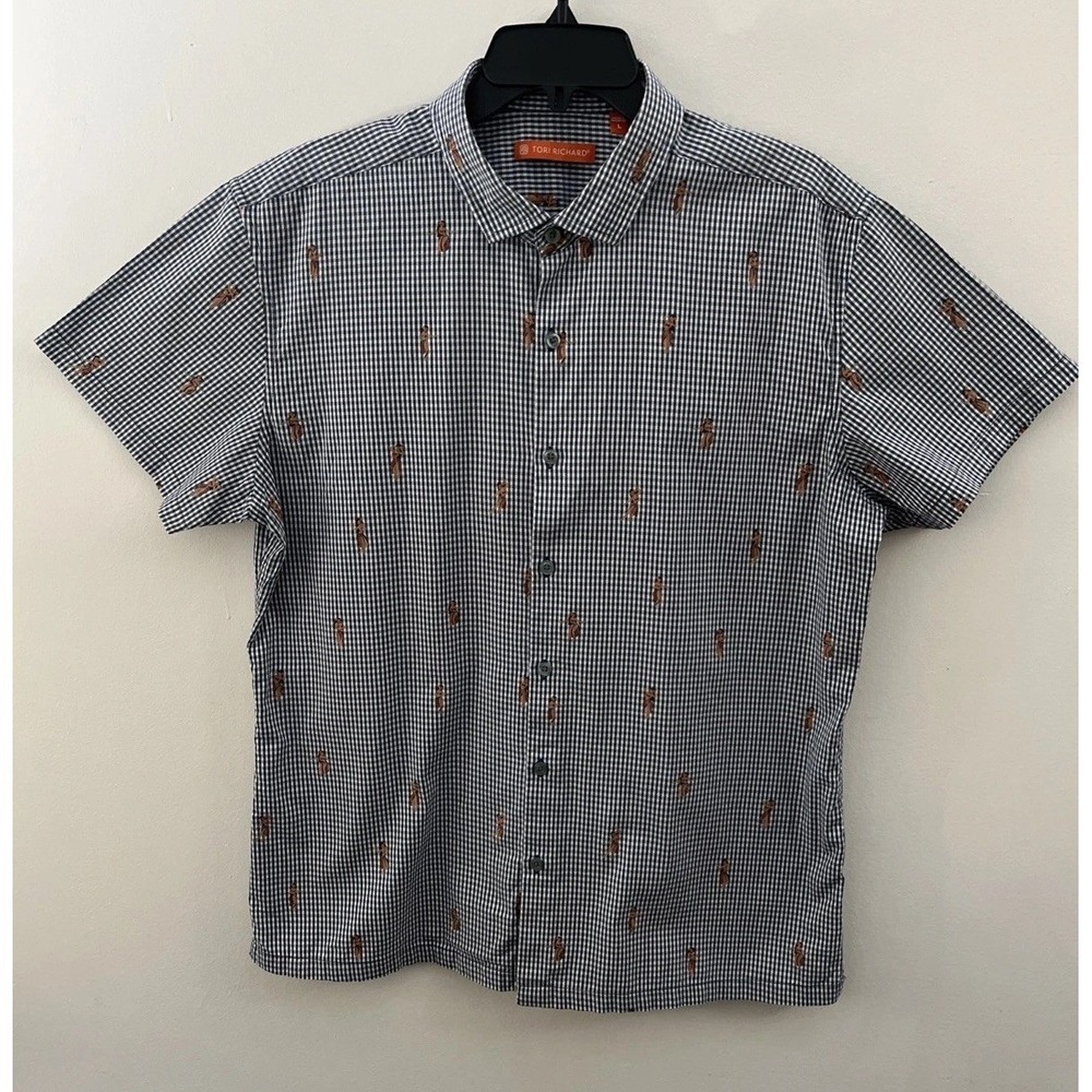 Tori Richard Men's LG Short Sleeve Shirt Checkered Hula Girl Aloha Blue White